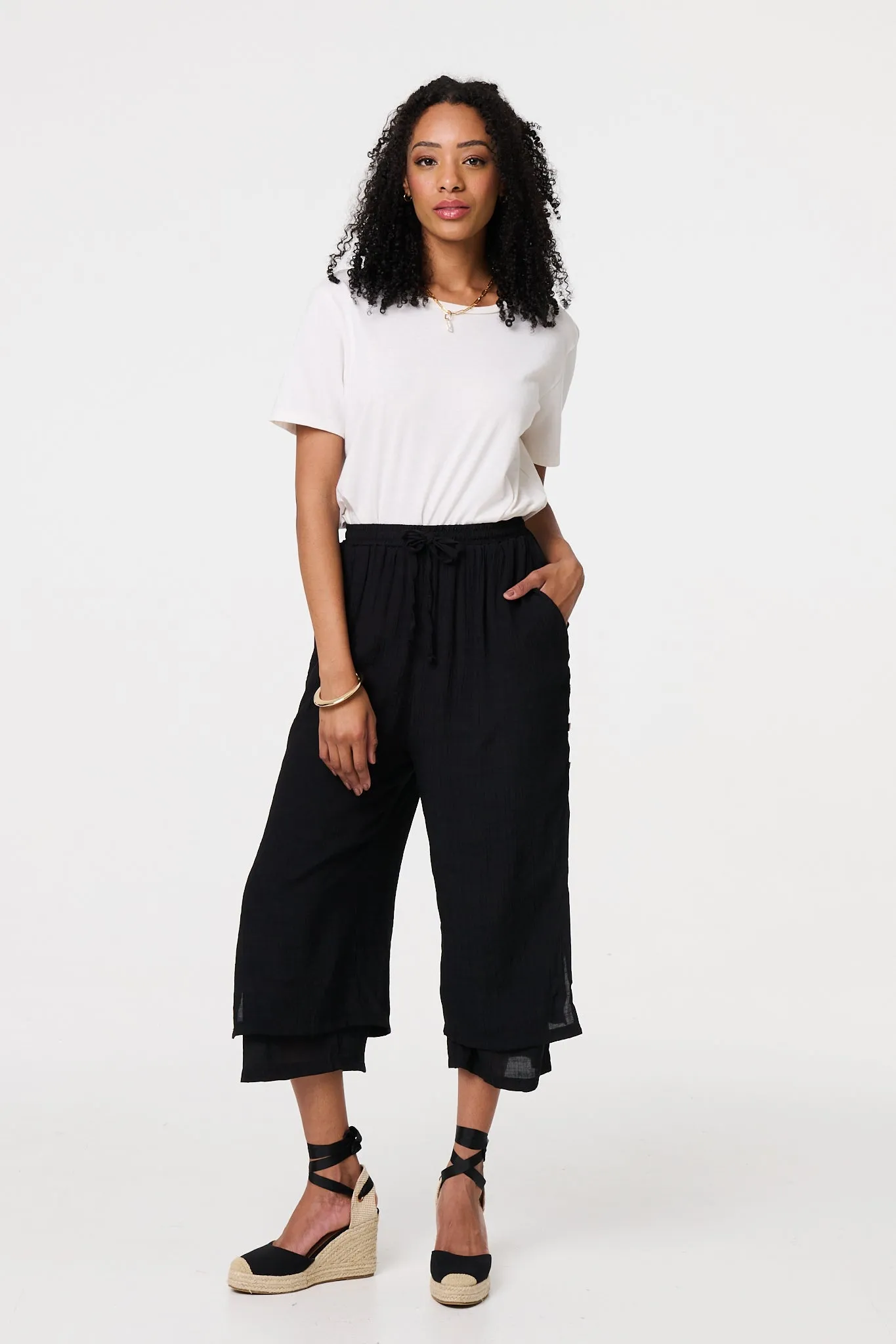 High Waist Layered Hem Cropped Trousers