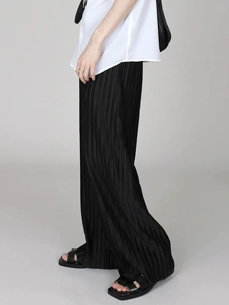 Ice Silk Casual Pleated Wide-Leg Pants With Draped Floor-Length Design