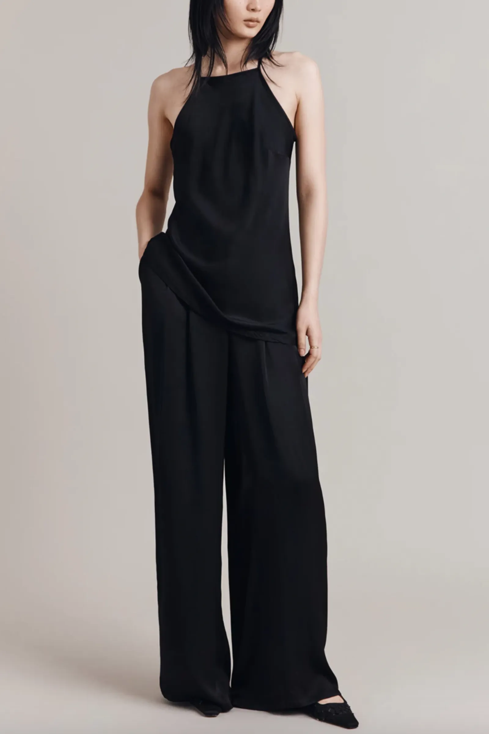 Juliette Halterneck Satin Top and Wide-leg Pleat-front Satin Trousers