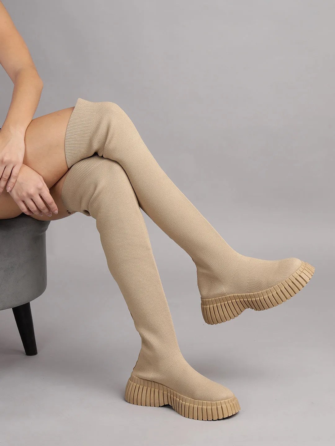 Khaki Knitted High-End-Fashion Stylish Knee Boots (TC-RS3669-KHA)