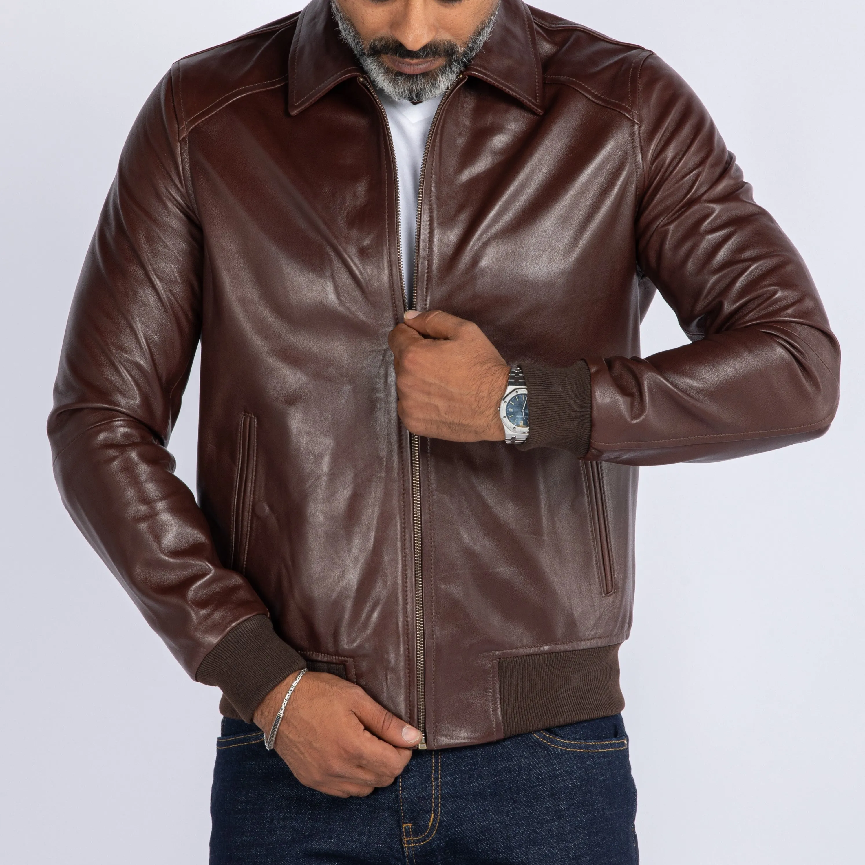 LAMB LEATHER COLLAR BOMBER JACKET