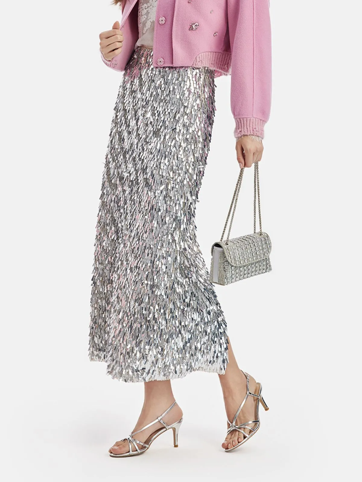 Layered Sequin Slit Midi Skirt