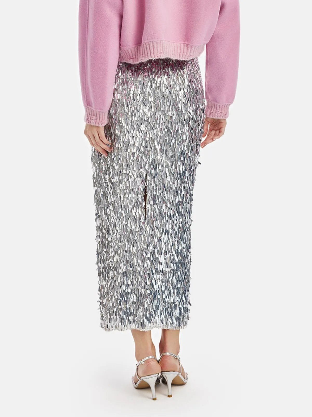 Layered Sequin Slit Midi Skirt