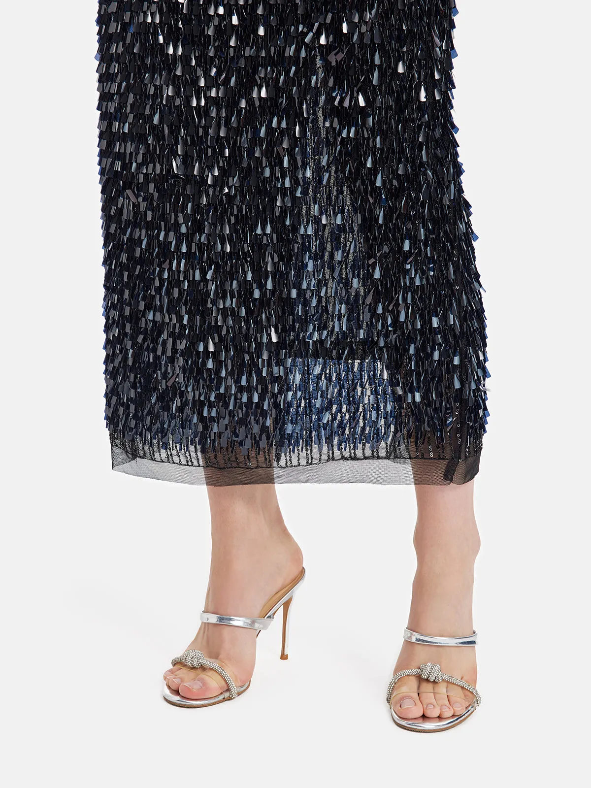 Layered Sequin Slit Midi Skirt