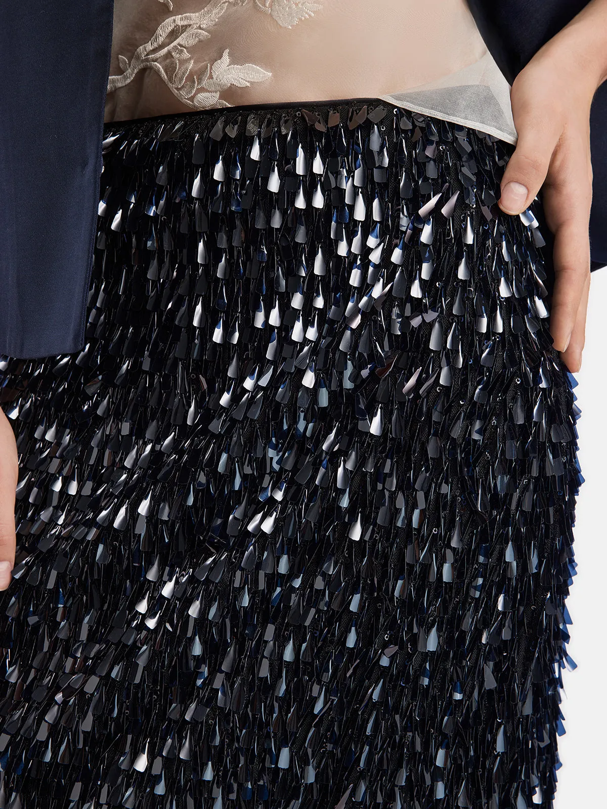 Layered Sequin Slit Midi Skirt