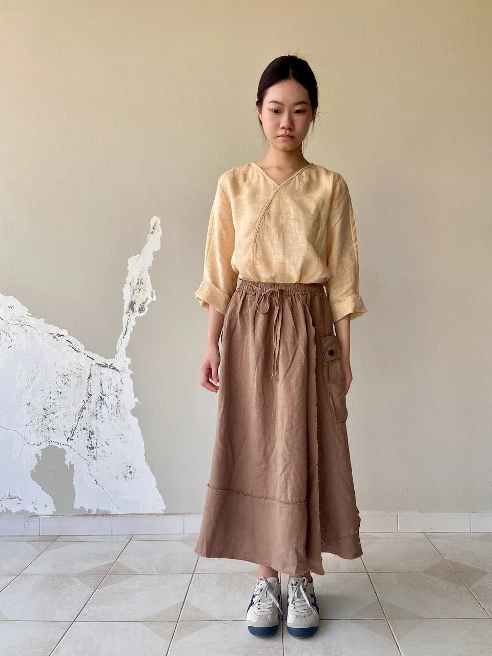 Linen Long Skirt in Brown