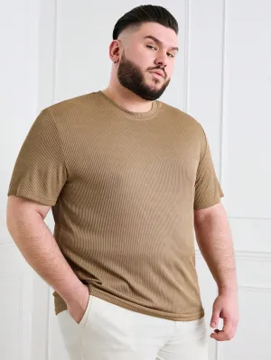 Men's Plus Size Rib-Knit Casual Summer T-Shirt, Short Sleeve, Solid Color