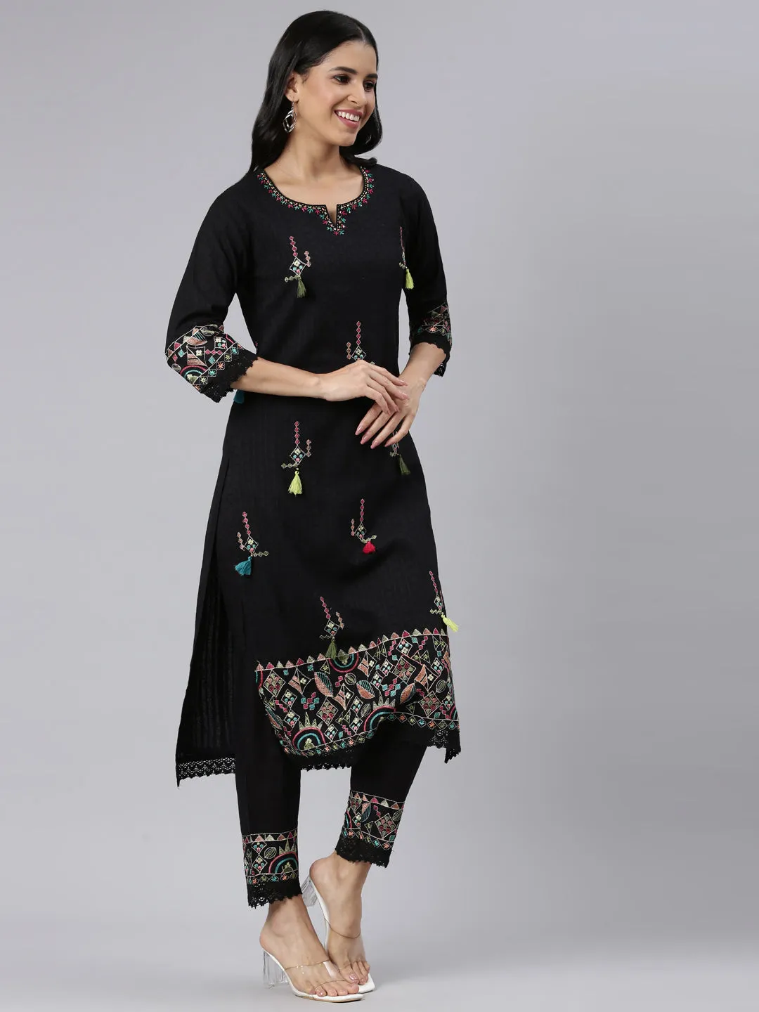 Neerus Black Regular Straight Embroidered Kurta and Trousers With Dupatta