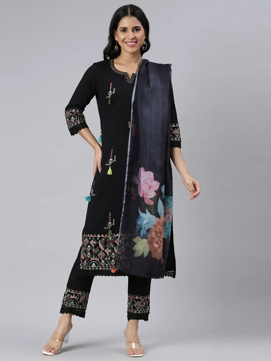 Neerus Black Regular Straight Embroidered Kurta and Trousers With Dupatta