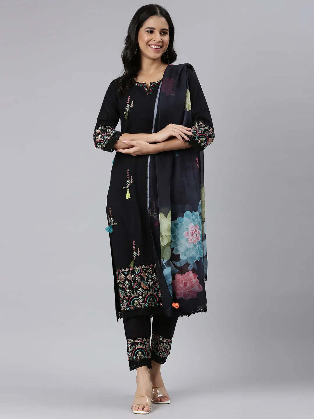 Neerus Black Regular Straight Embroidered Kurta and Trousers With Dupatta