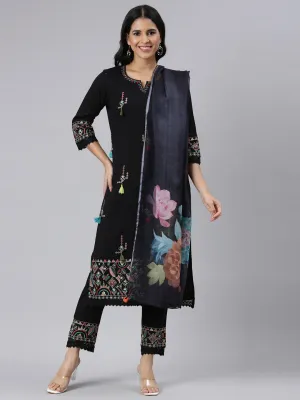 Neerus Black Regular Straight Embroidered Kurta and Trousers With Dupatta