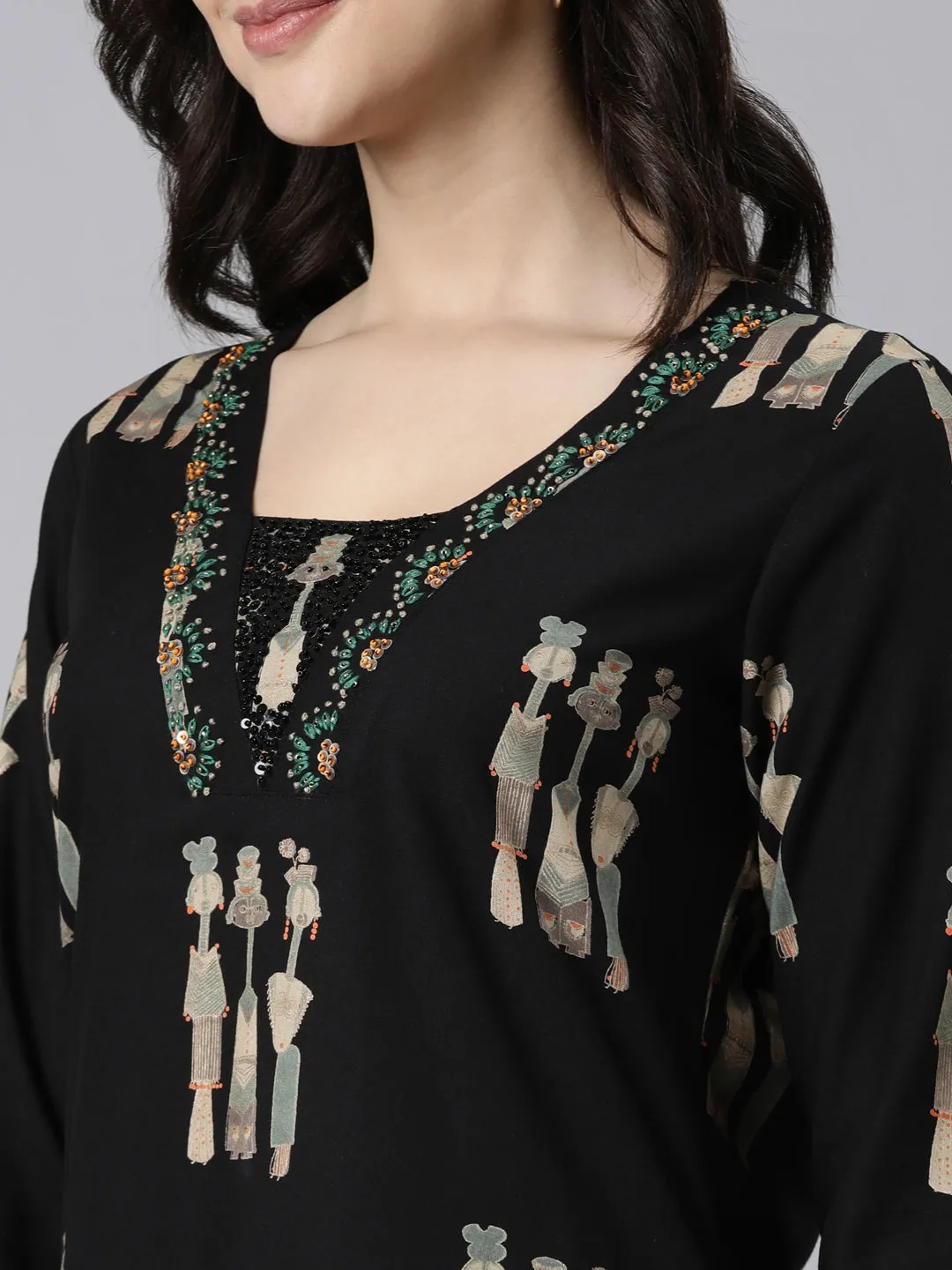 Neerus Black Regular Straight Quirky Kurta And  Trousers