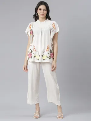 Neeru's Cream Regular Straight Floral Top And Trousers