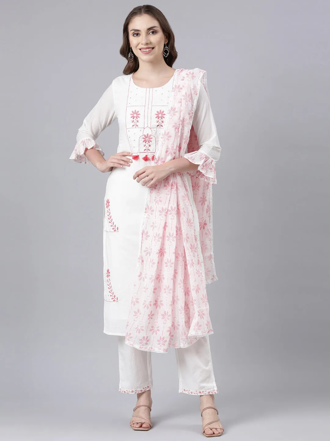 Neerus Pink Panelled Straight Printed Kurta And Trousers With Dupatta