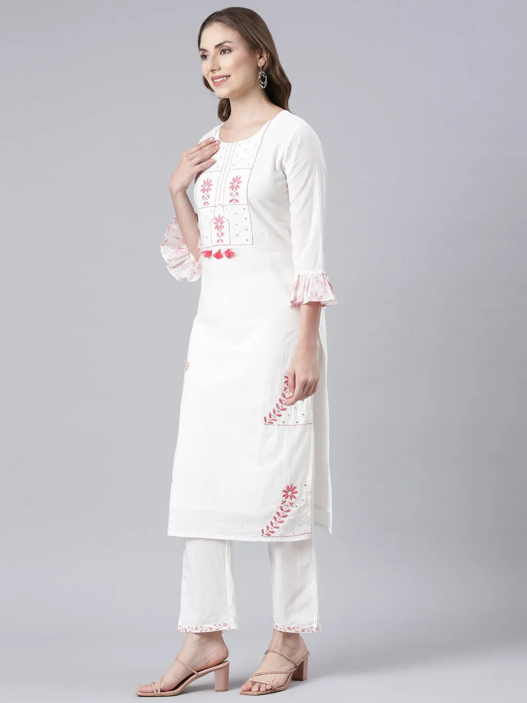 Neerus Pink Panelled Straight Printed Kurta And Trousers With Dupatta