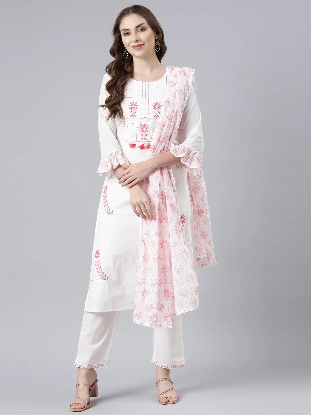 Neerus Pink Panelled Straight Printed Kurta And Trousers With Dupatta