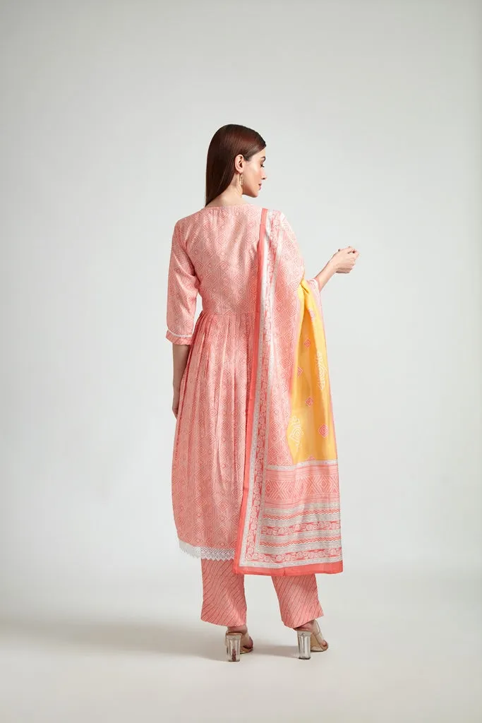 Neerus Women Pink Printed Kurta with Trousers With Dupatta