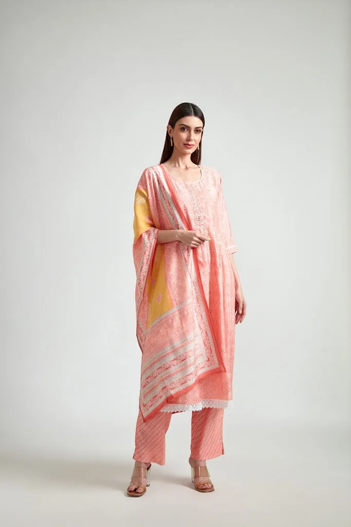 Neerus Women Pink Printed Kurta with Trousers With Dupatta