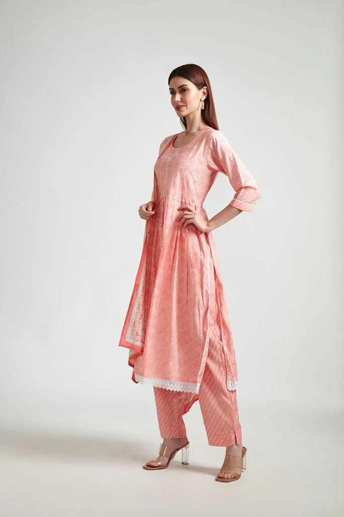 Neerus Women Pink Printed Kurta with Trousers With Dupatta