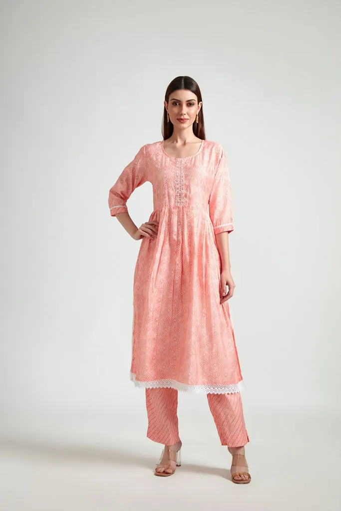 Neerus Women Pink Printed Kurta with Trousers With Dupatta