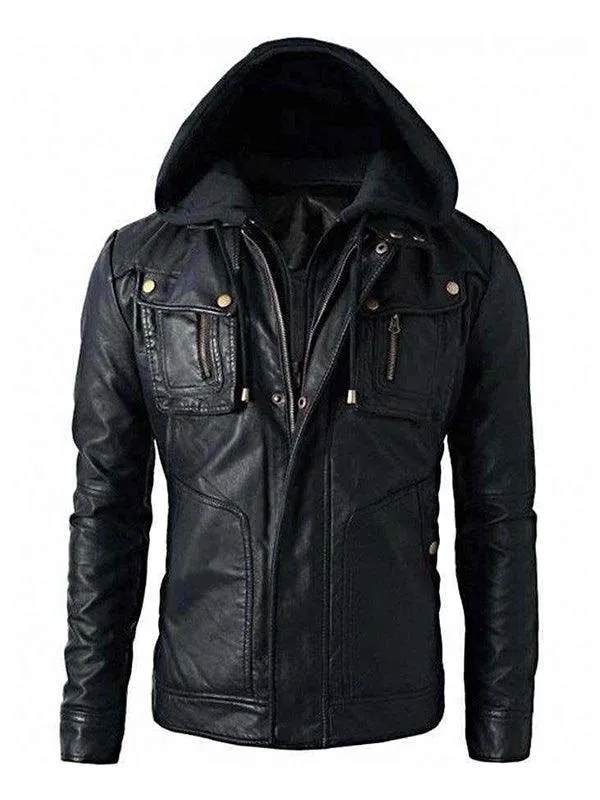 New Men's Motorcycle Brando Style Biker Real Leather Detachable Hoodie Jacket - Black