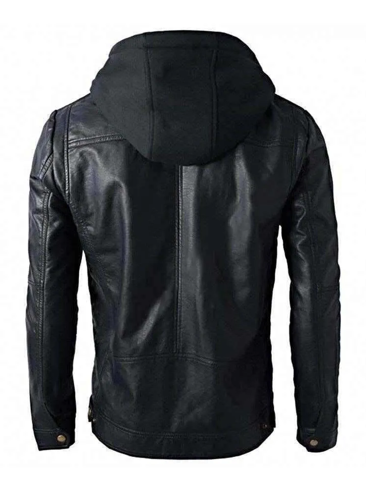 New Men's Motorcycle Brando Style Biker Real Leather Detachable Hoodie Jacket - Black