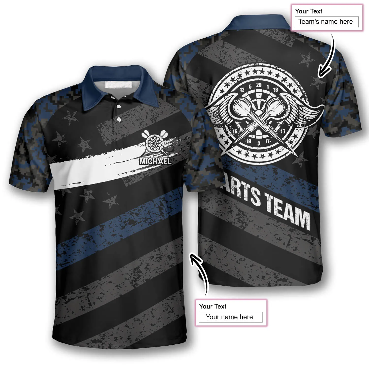 Passionate Blue Camo Custom Darts Shirts for Men, Personalized American Flag Dart Polo Shirt