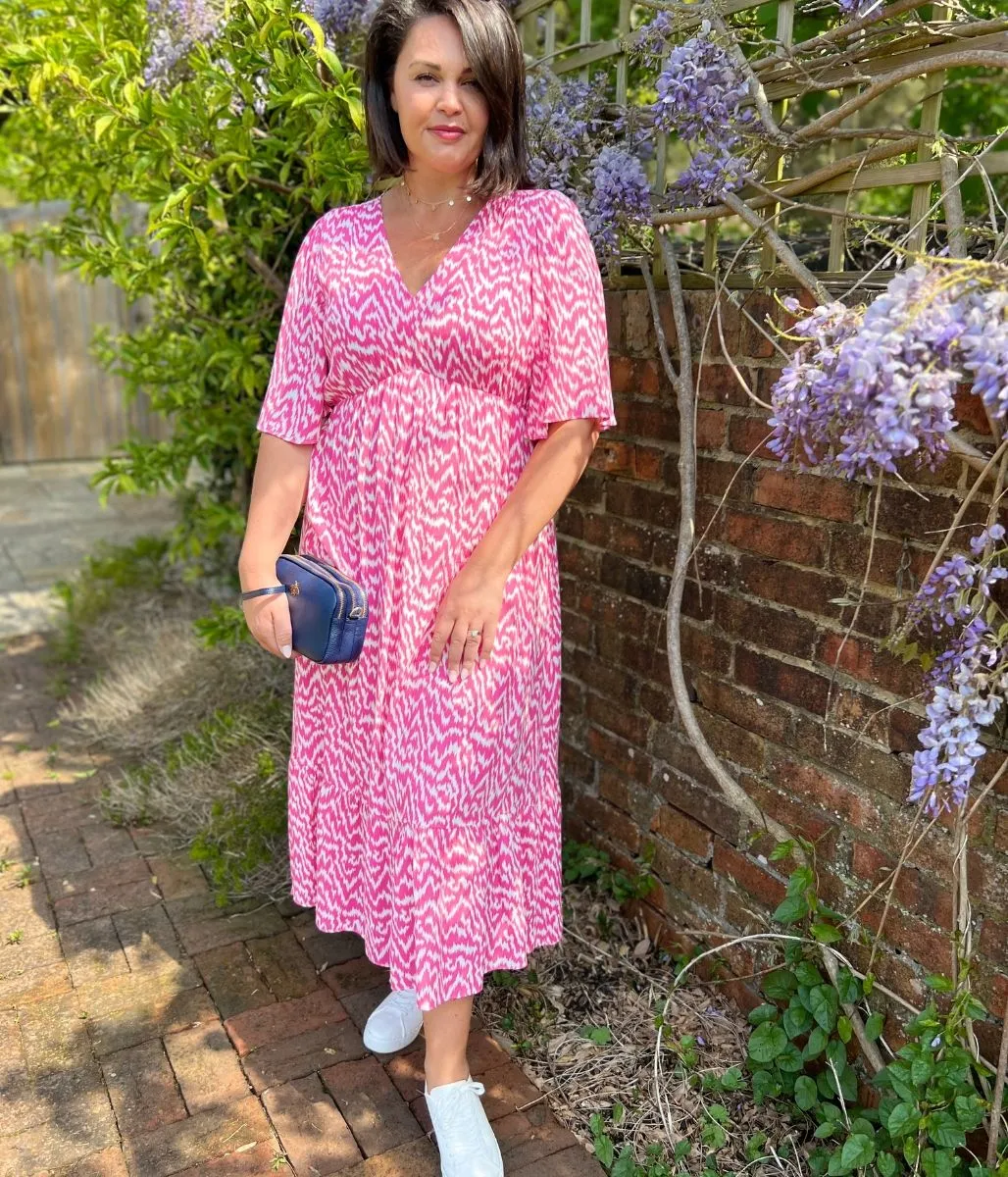 Pink Ikat Print Midi Dress