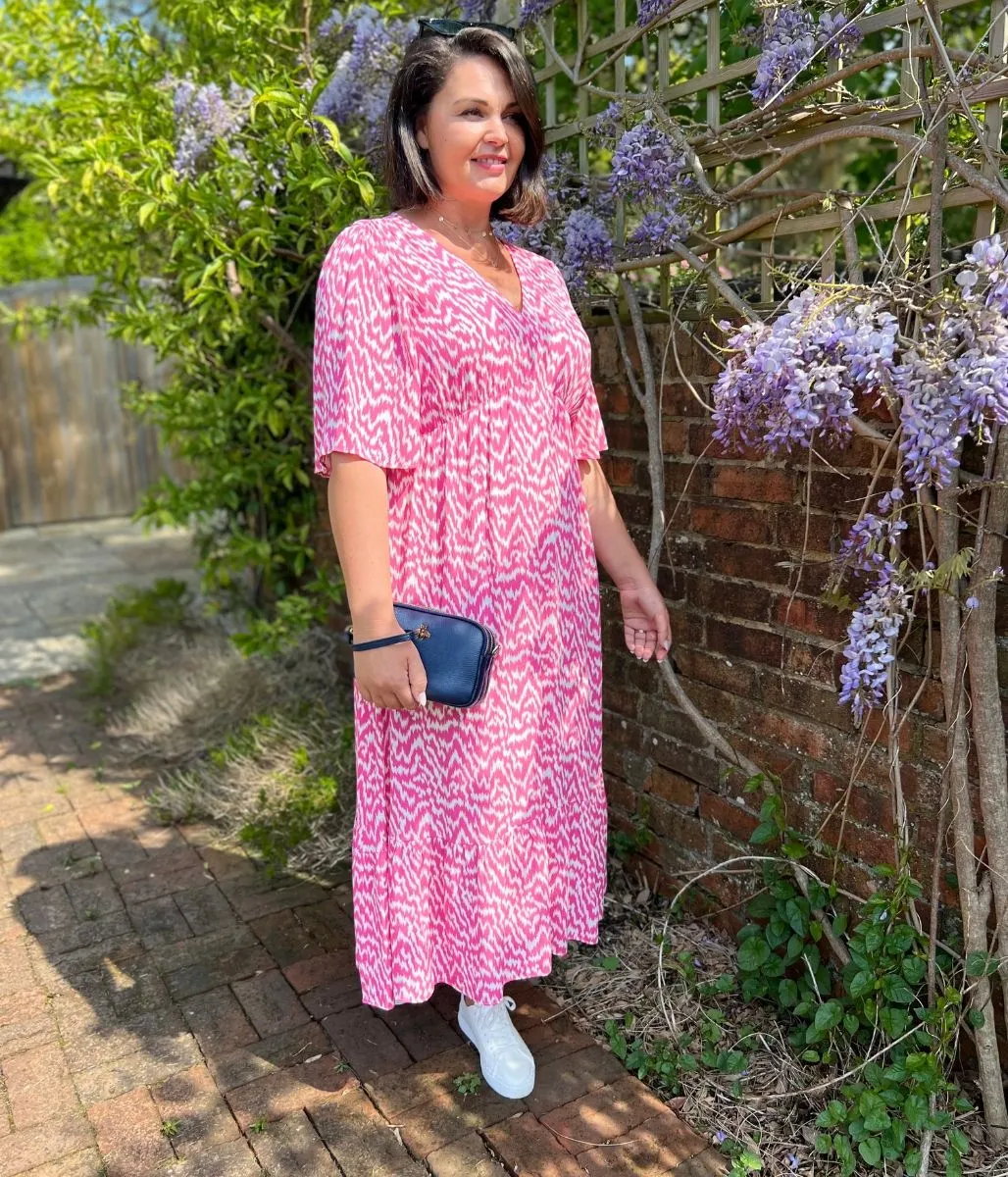 Pink Ikat Print Midi Dress