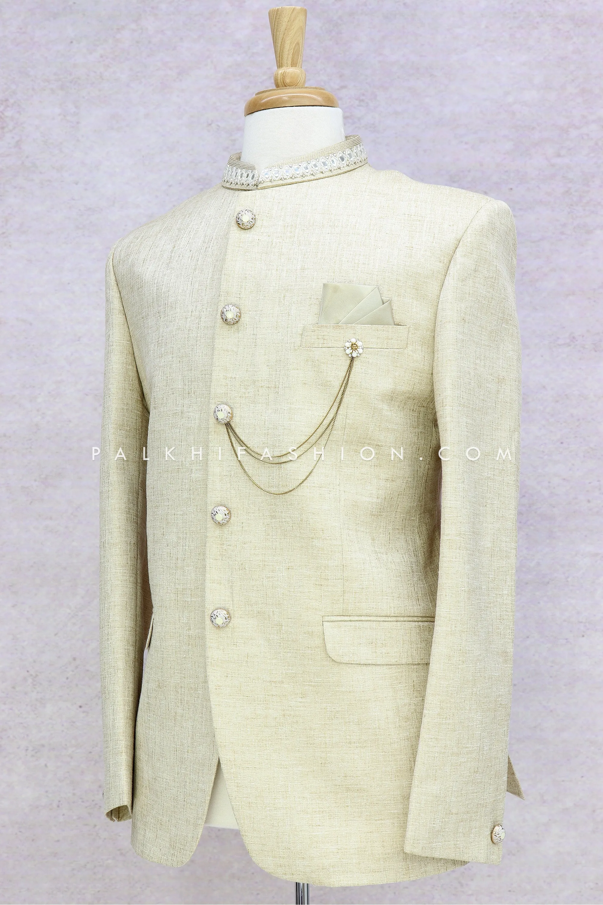 Pure Linen Beige Jodhpuri Suit From Palkhi Fashion