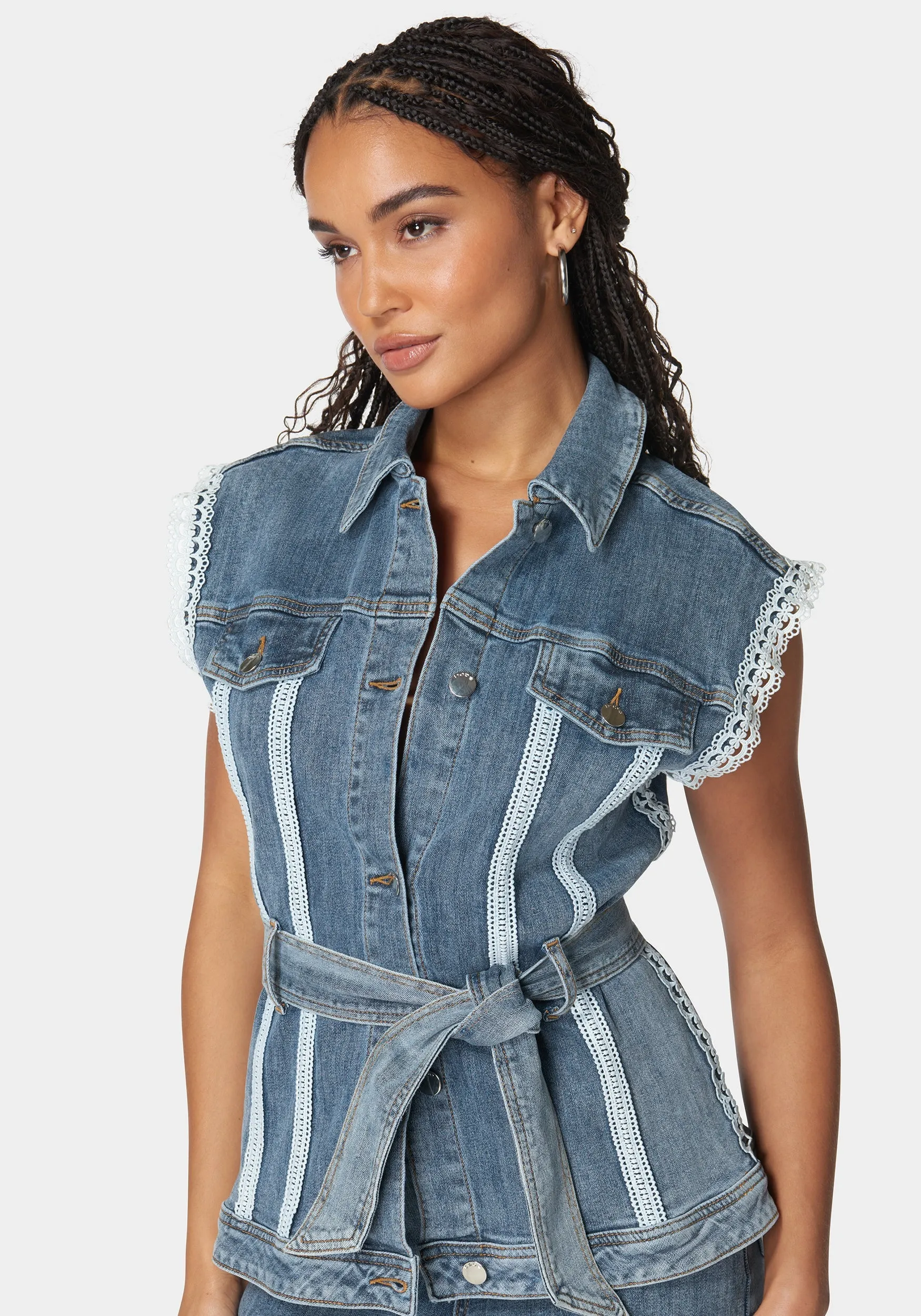 Semi Fitted Lace Applique Denim Vest