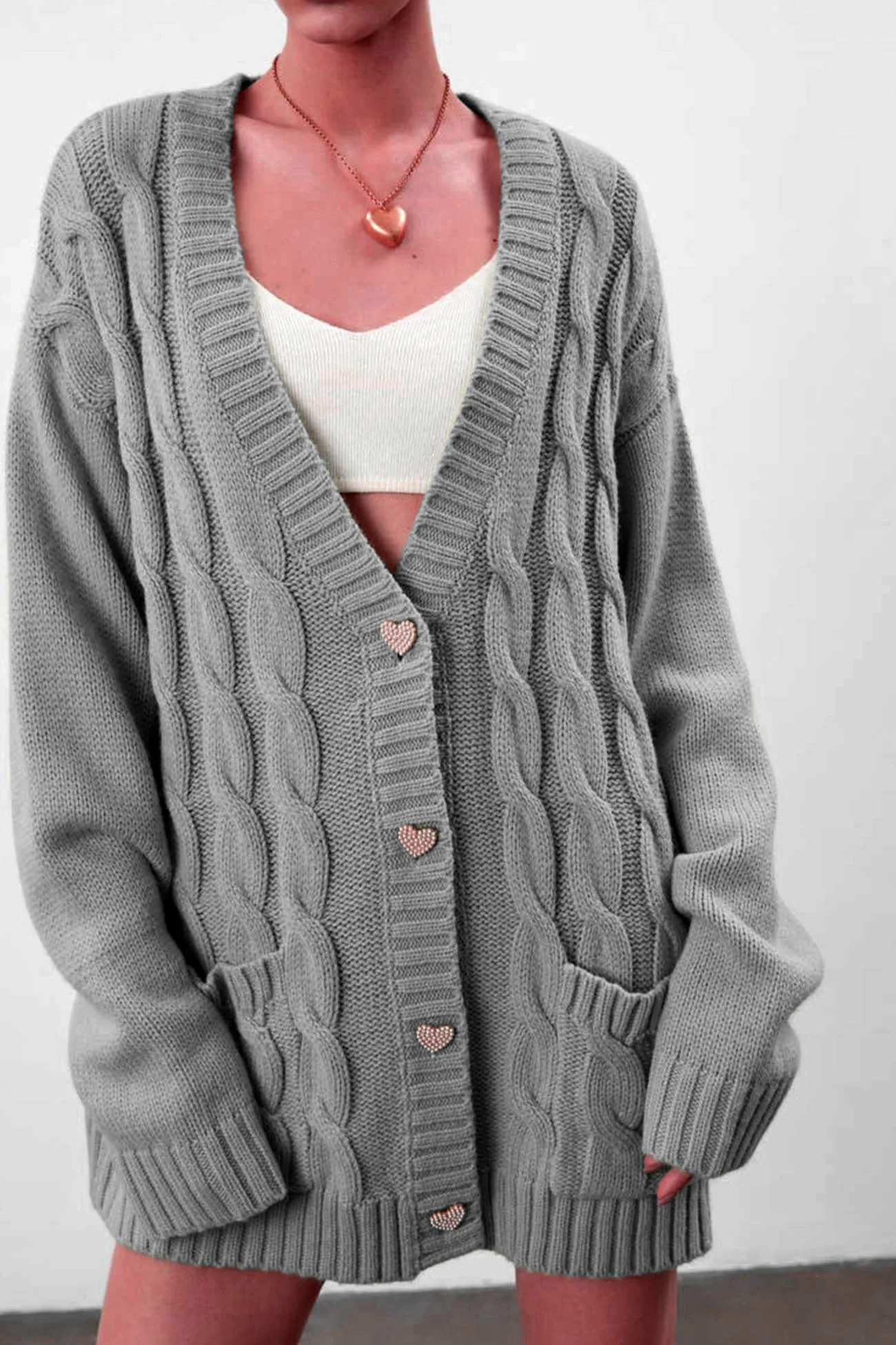 Solid Single-breasted Cable Knit Cardigan