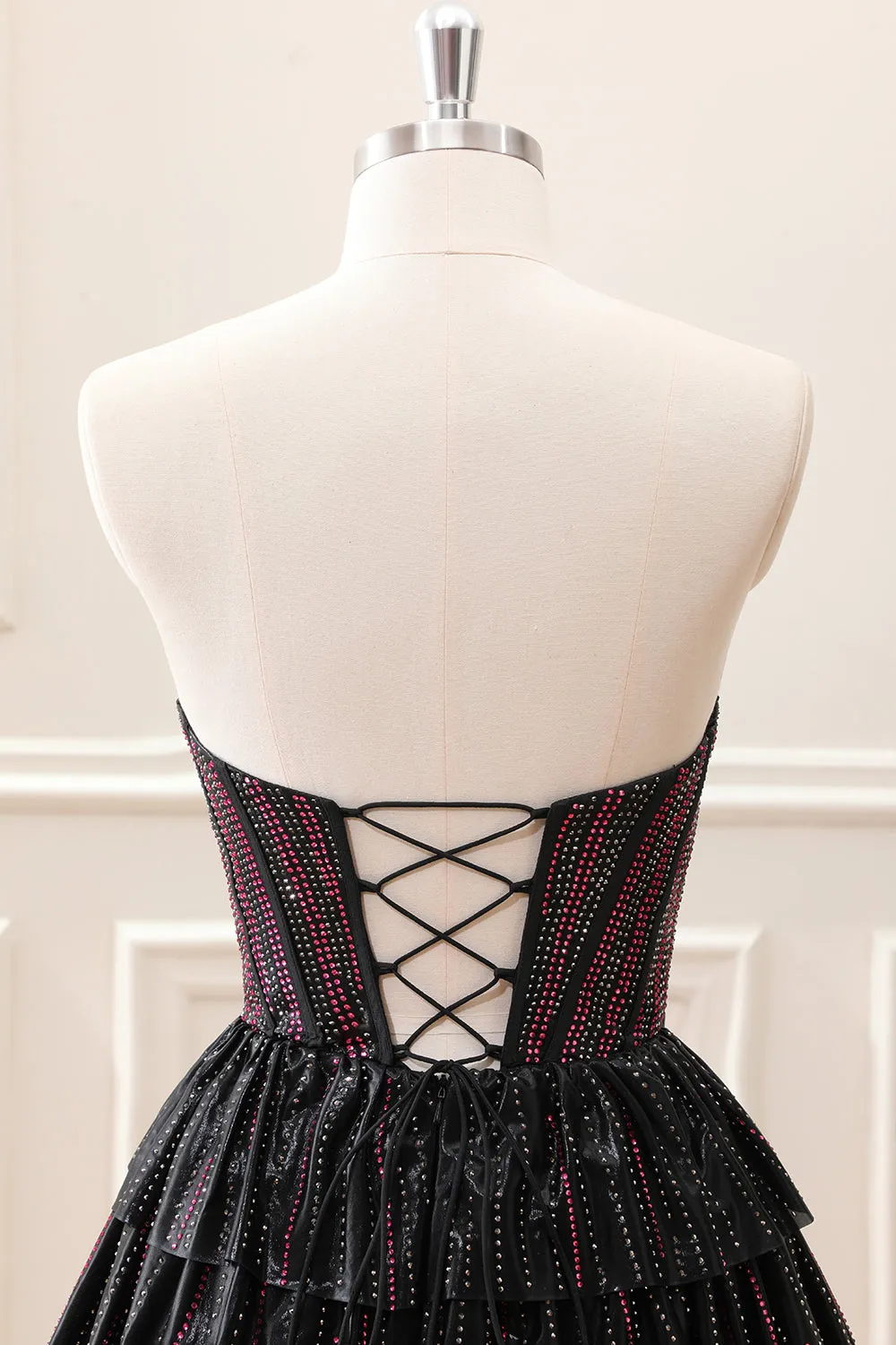 Sparkly Black Pink Beaded A Line Corset Strapless Mini Dress