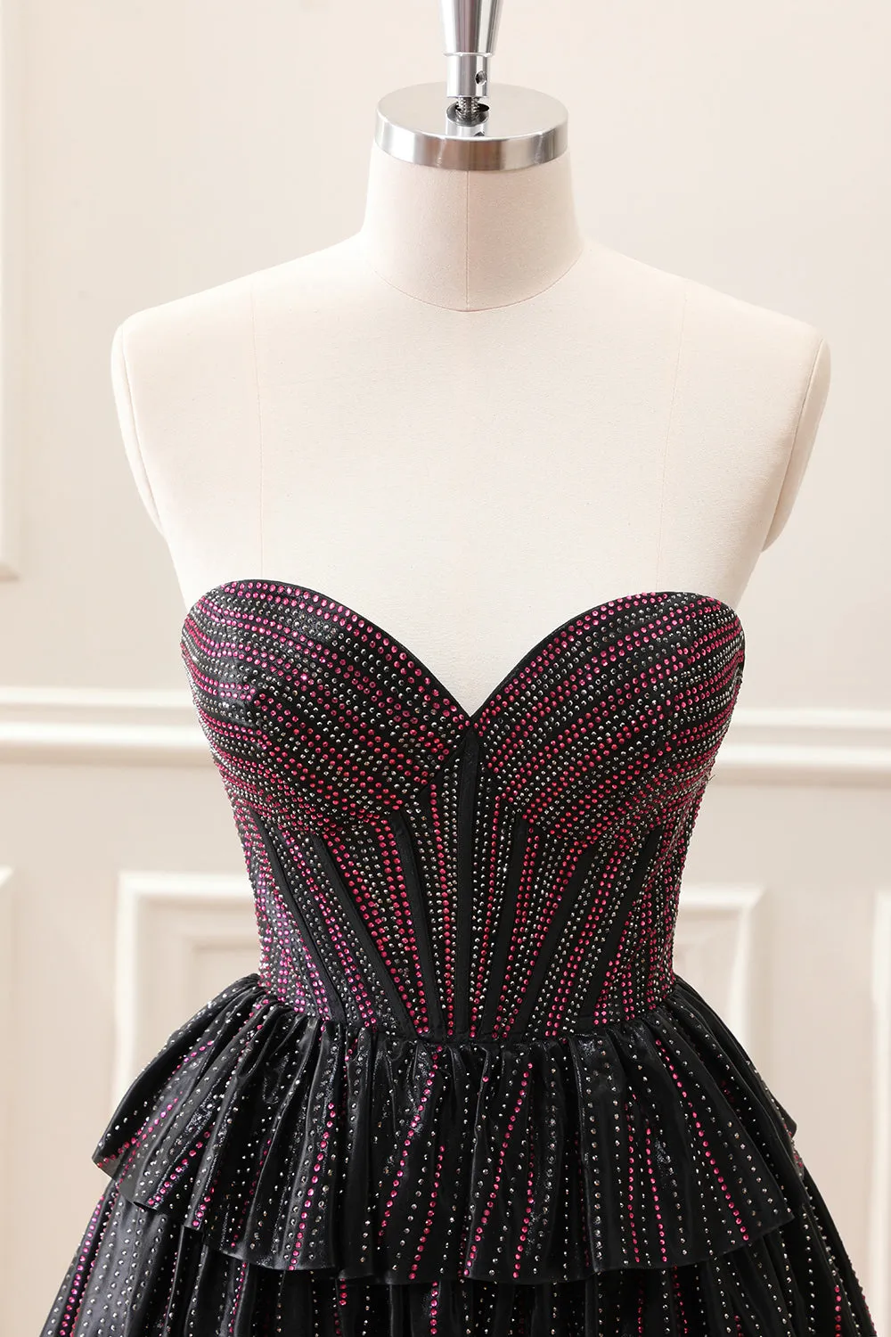 Sparkly Black Pink Beaded A Line Corset Strapless Mini Dress