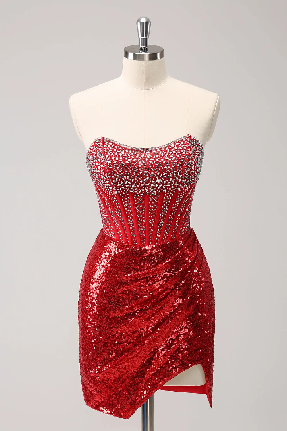 Sparkly Red Strapless Corset Sequined Beaded Tight Mini Dress with Slit