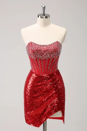 Sparkly Red Strapless Corset Sequined Beaded Tight Mini Dress with Slit