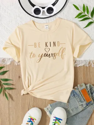 Teenage Girls' Casual Round Neck Short Sleeve Slogan Print T-Shirt - Regular Fit