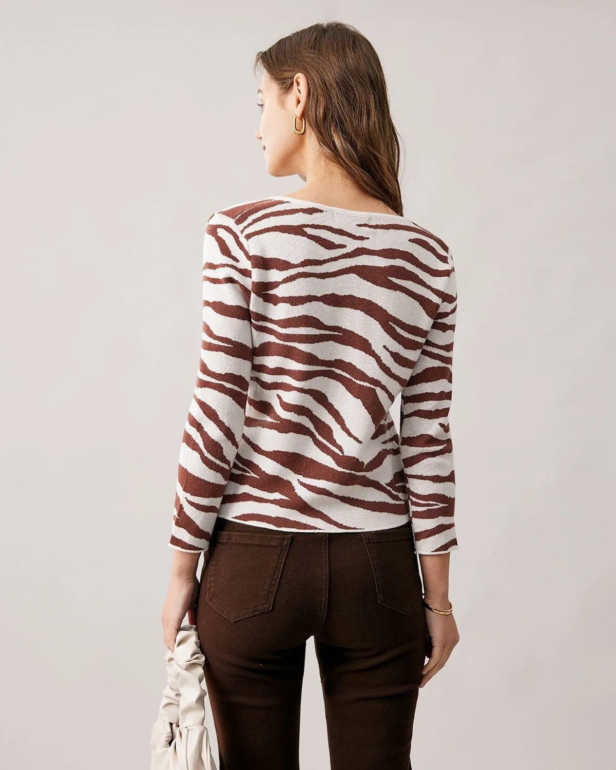 The Coffee V Neck Zebra Knit Cardigan