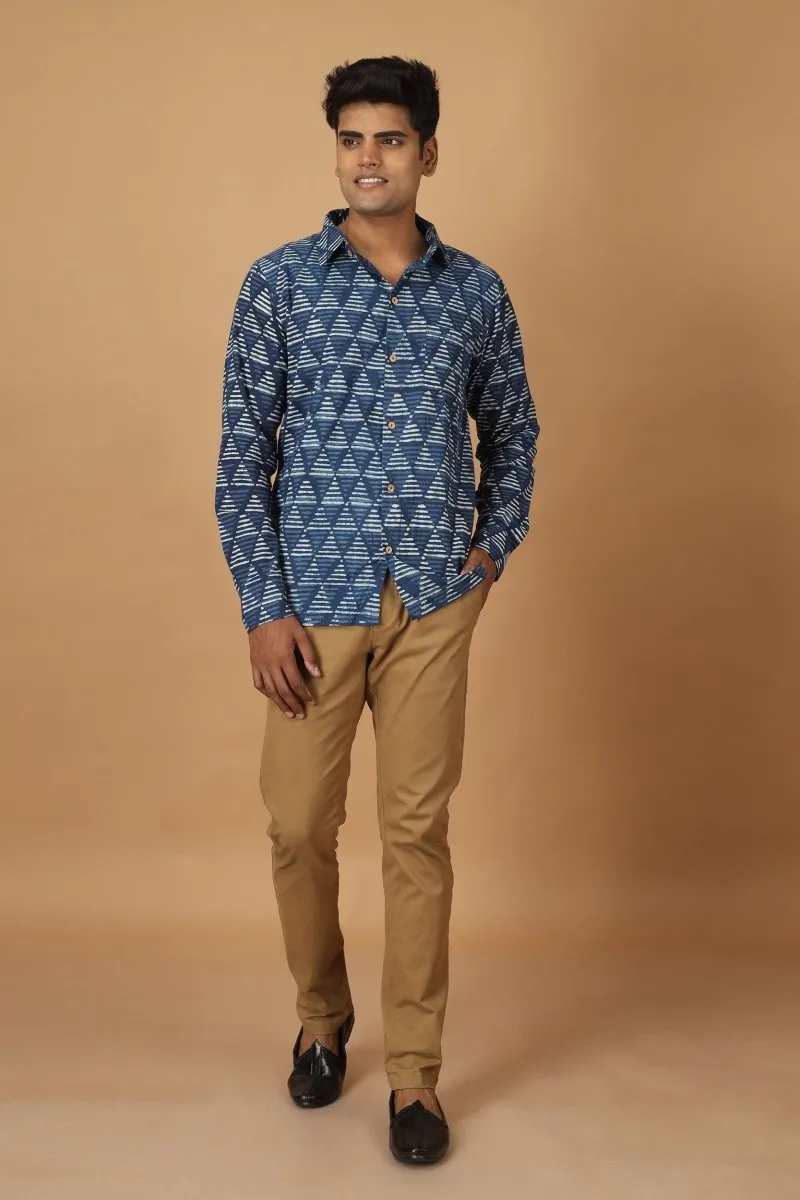 Trikona Dabu Indigo Mens Cotton Shirt