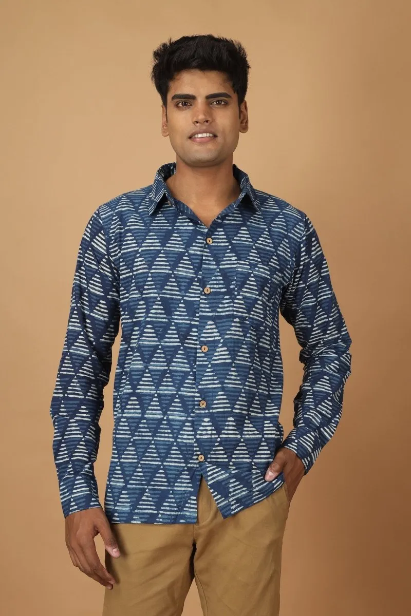 Trikona Dabu Indigo Mens Cotton Shirt