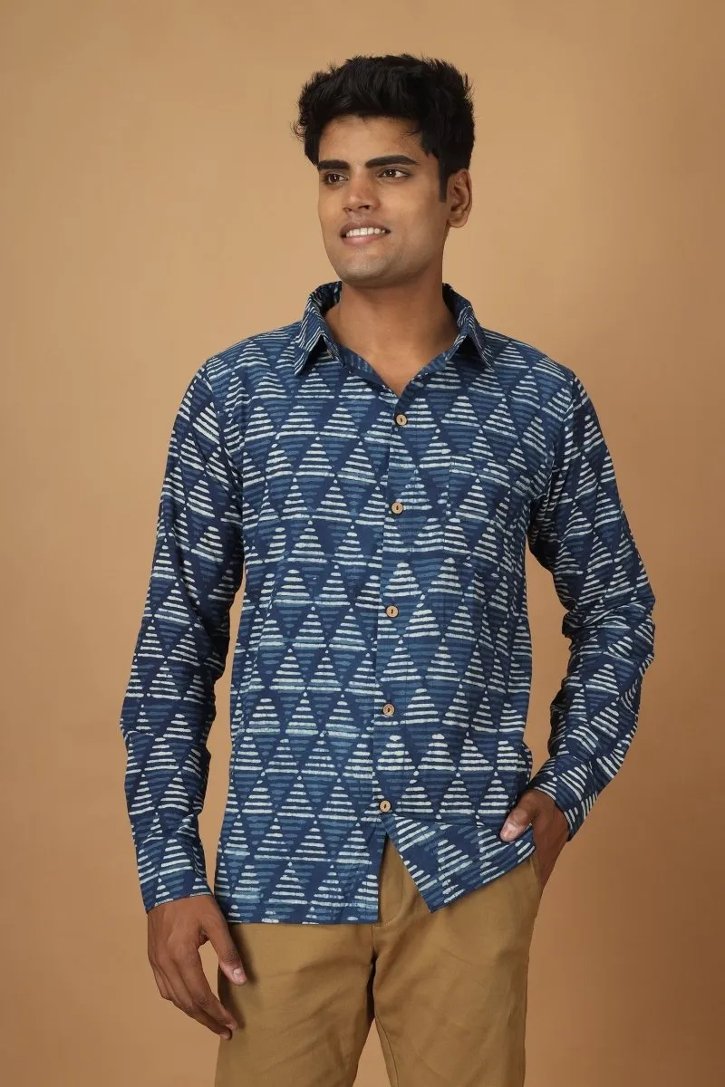 Trikona Dabu Indigo Mens Cotton Shirt