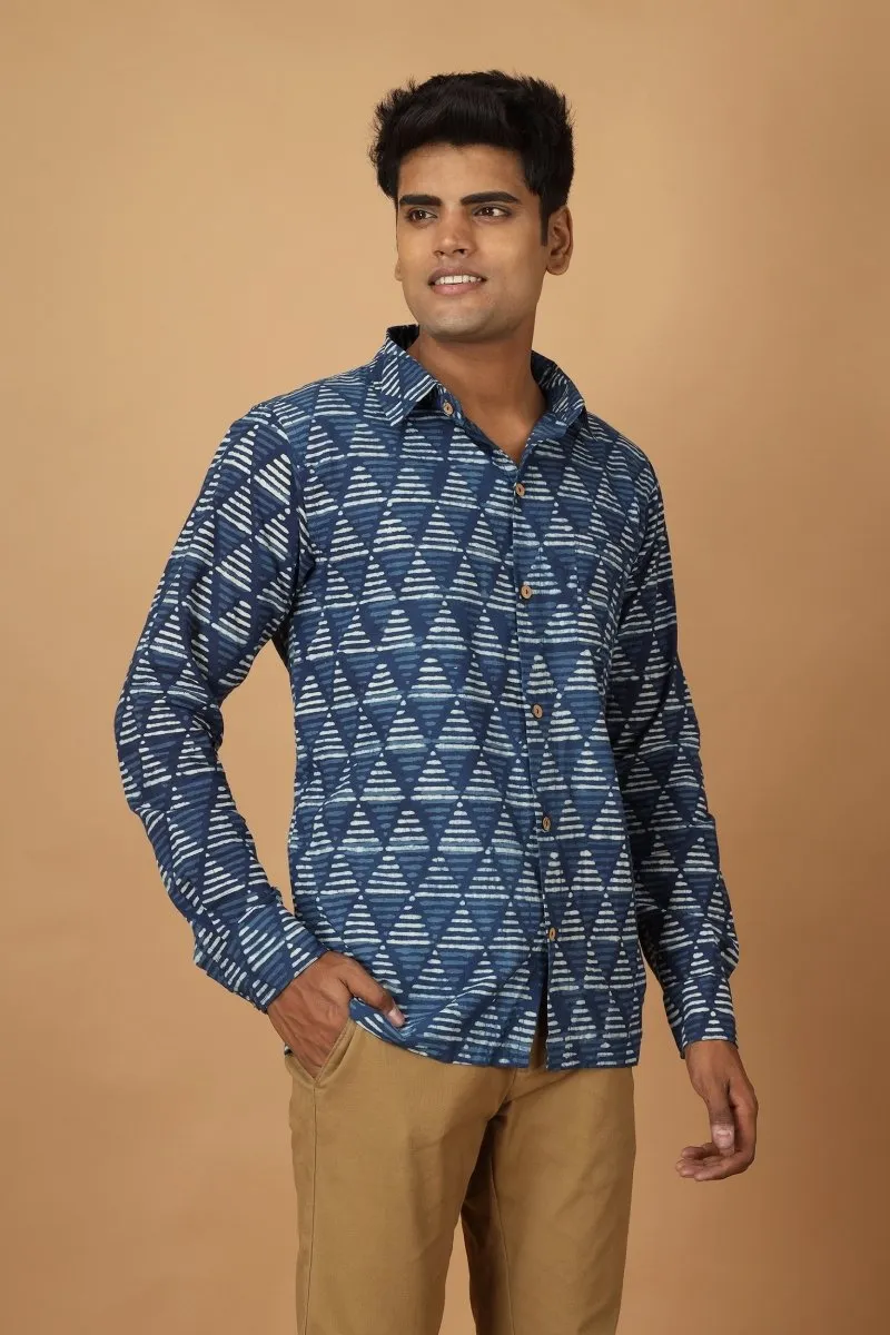 Trikona Dabu Indigo Mens Cotton Shirt