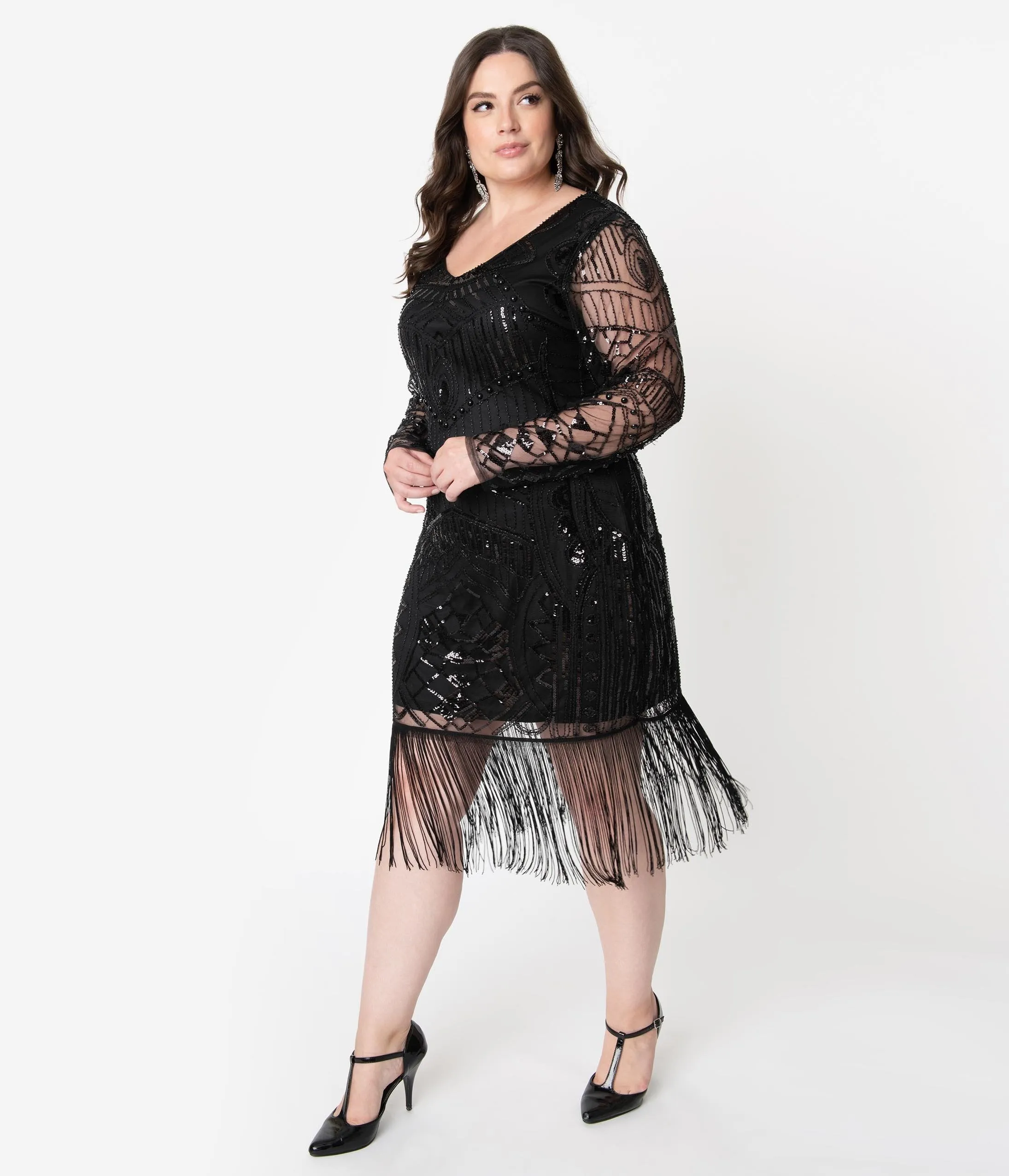 Unique Vintage Plus Size 1920s Black Beaded Long Sleeve Fringe Celia Flapper Dress