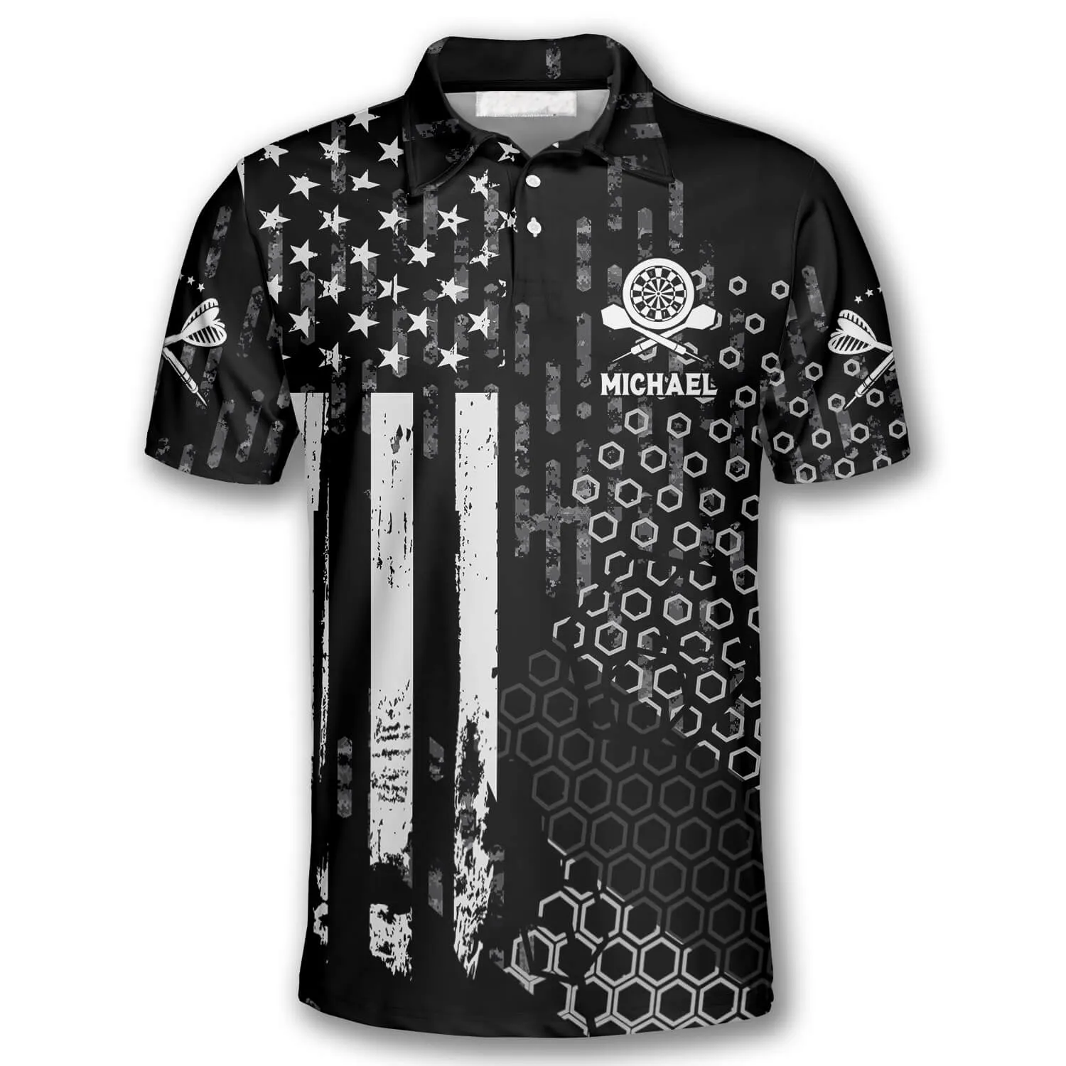 US Flag Hive Pattern Custom Darts Polo Shirts for Men, Dart Costume Pool Player Gift