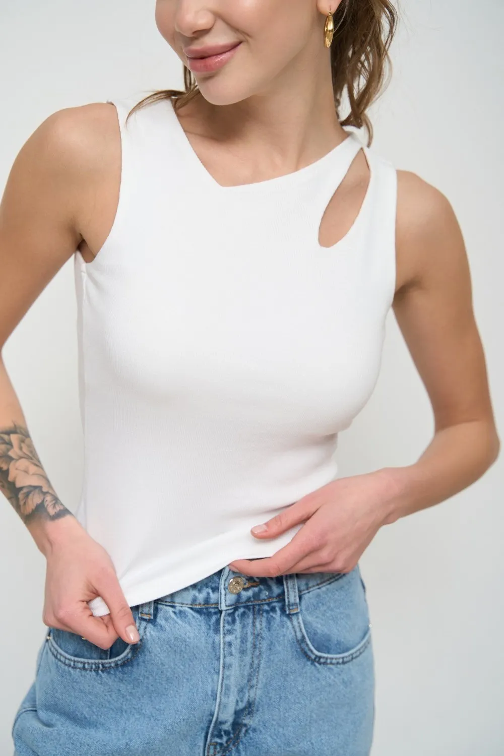 White  Assymmetric Neckline Tank Top