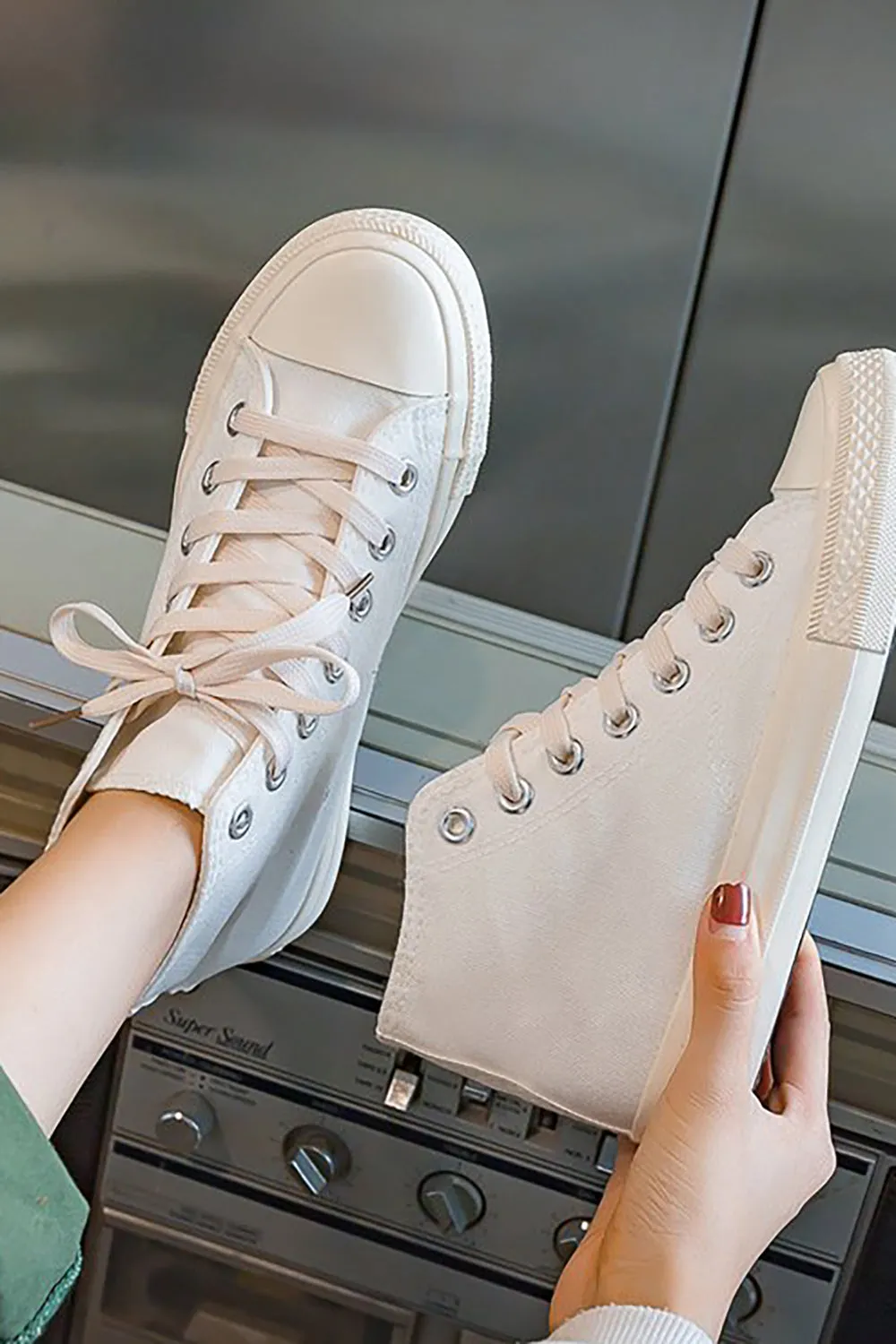 White Mid Top Lace Up Canvas Sneakers