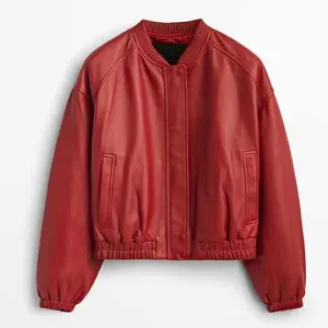 Women Red Shearling Leather Bomber Jacket