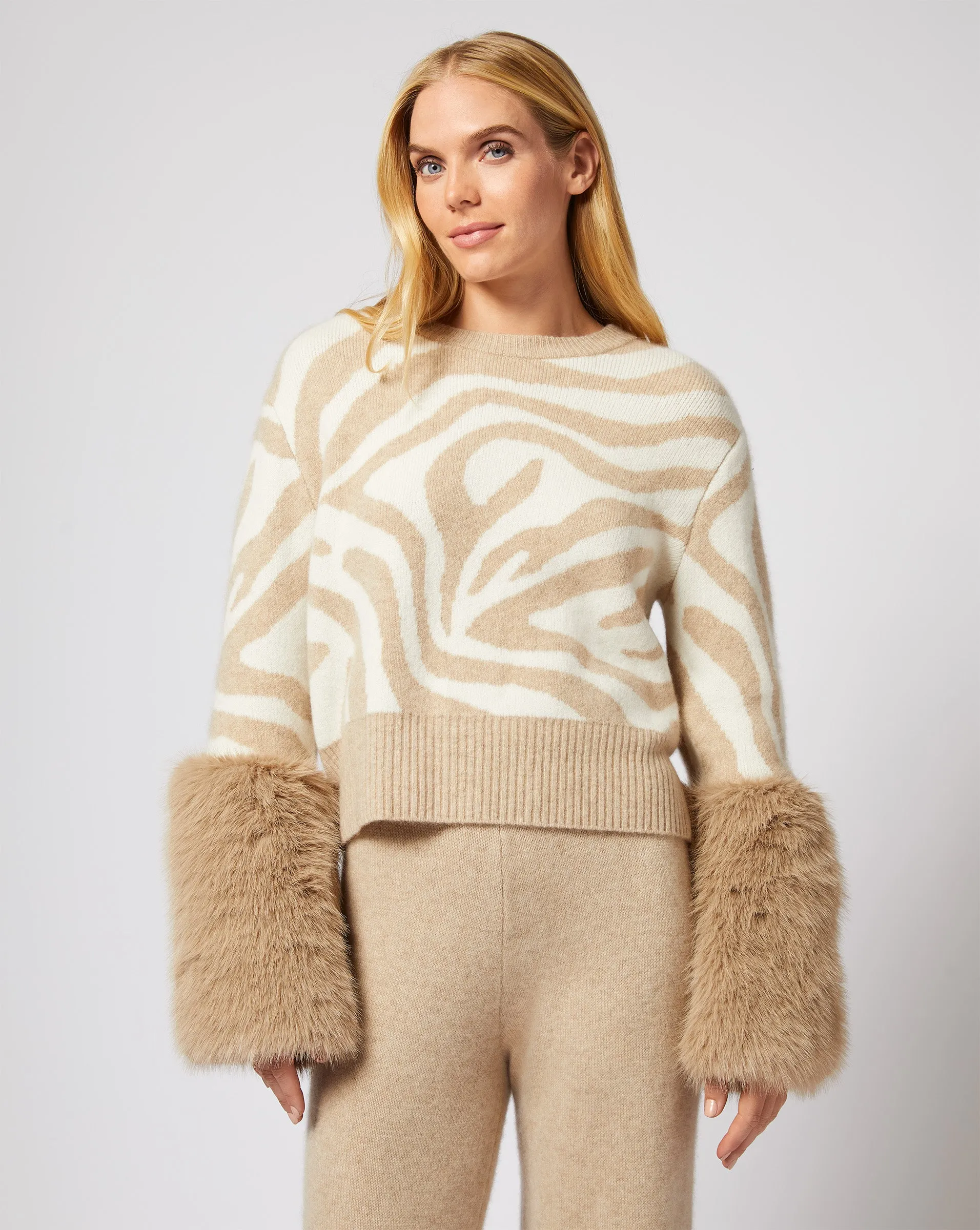 Zebra Print Cashmere & Faux Fur Cuff Sweater