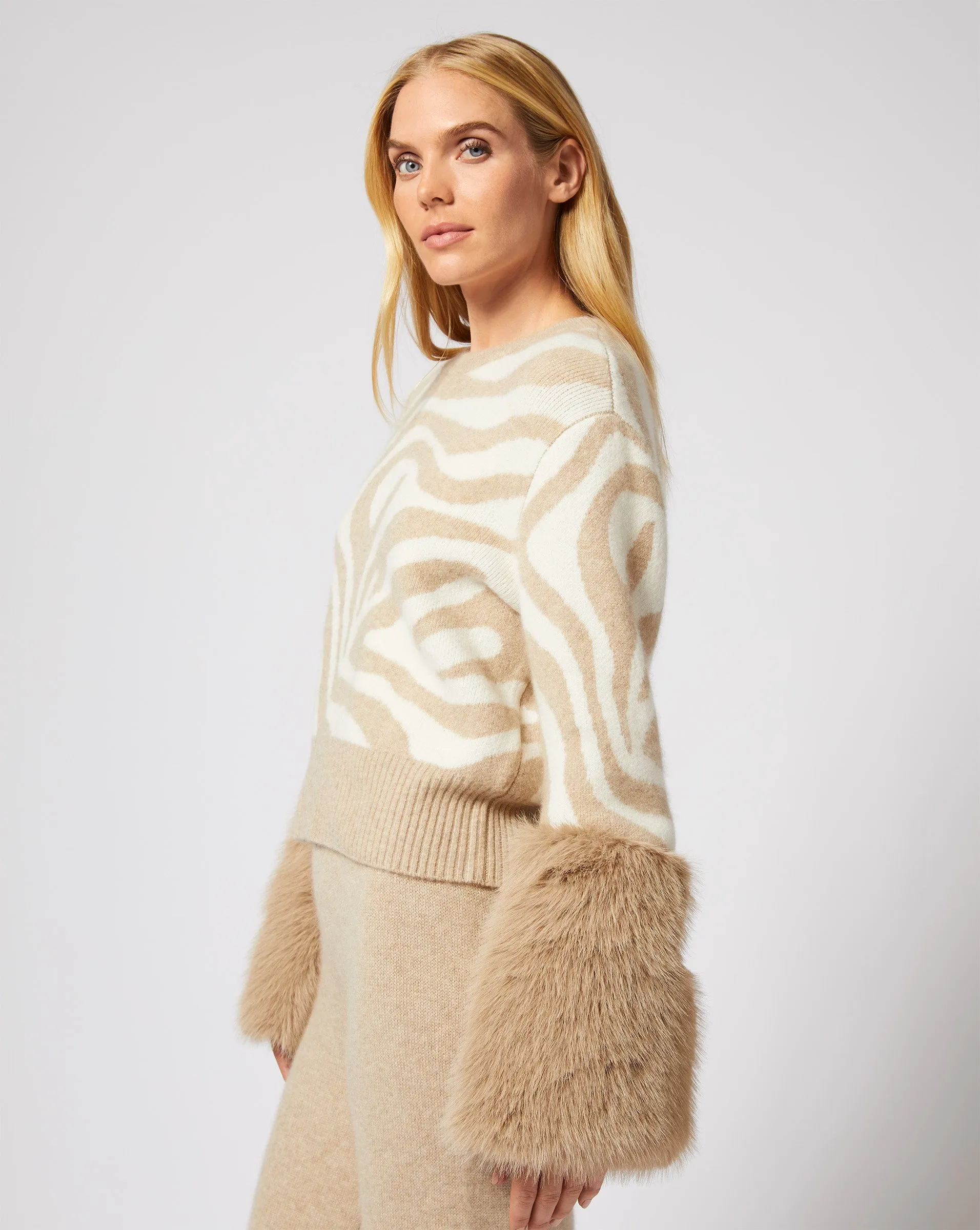 Zebra Print Cashmere & Faux Fur Cuff Sweater