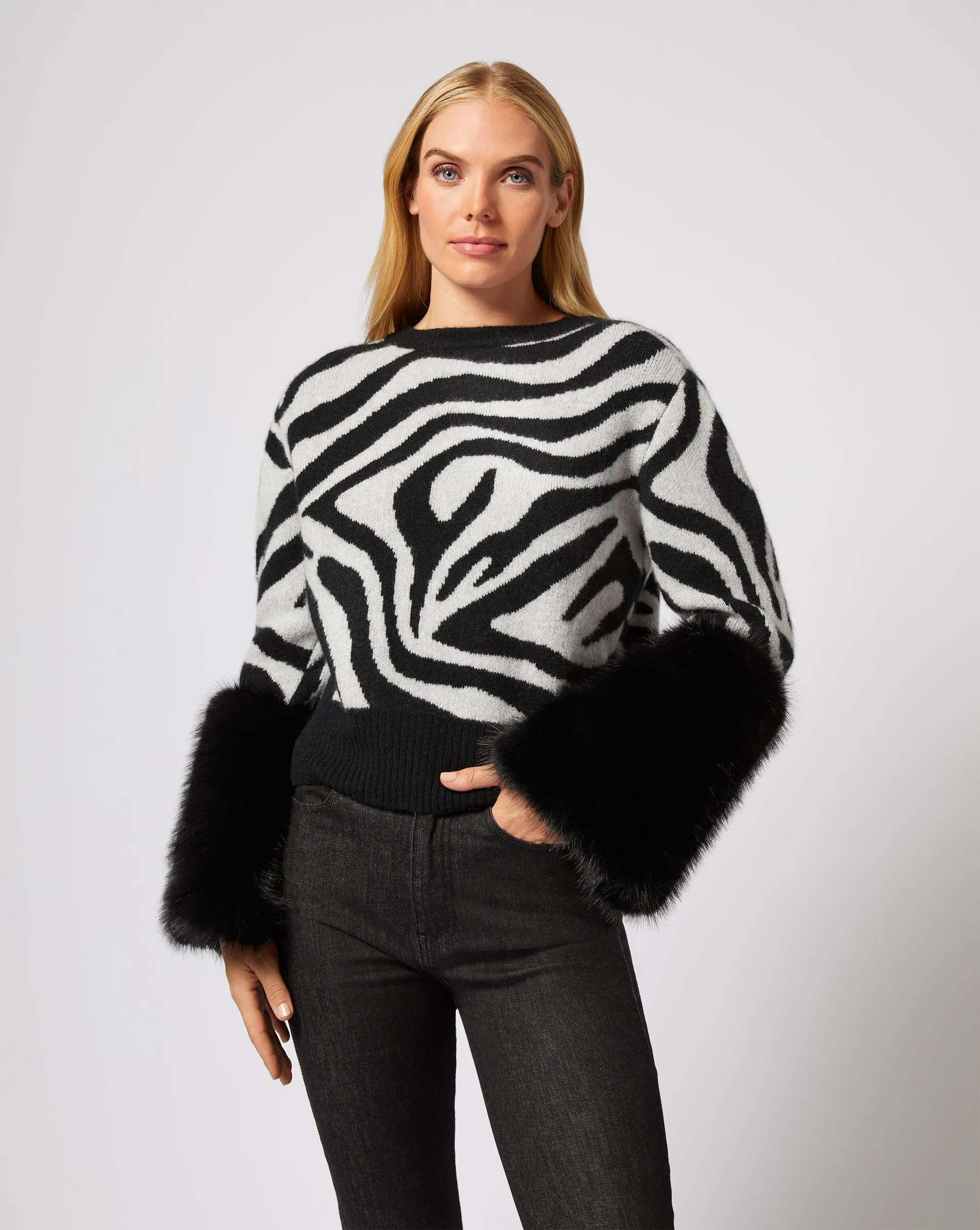 Zebra Print Cashmere & Faux Fur Cuff Sweater